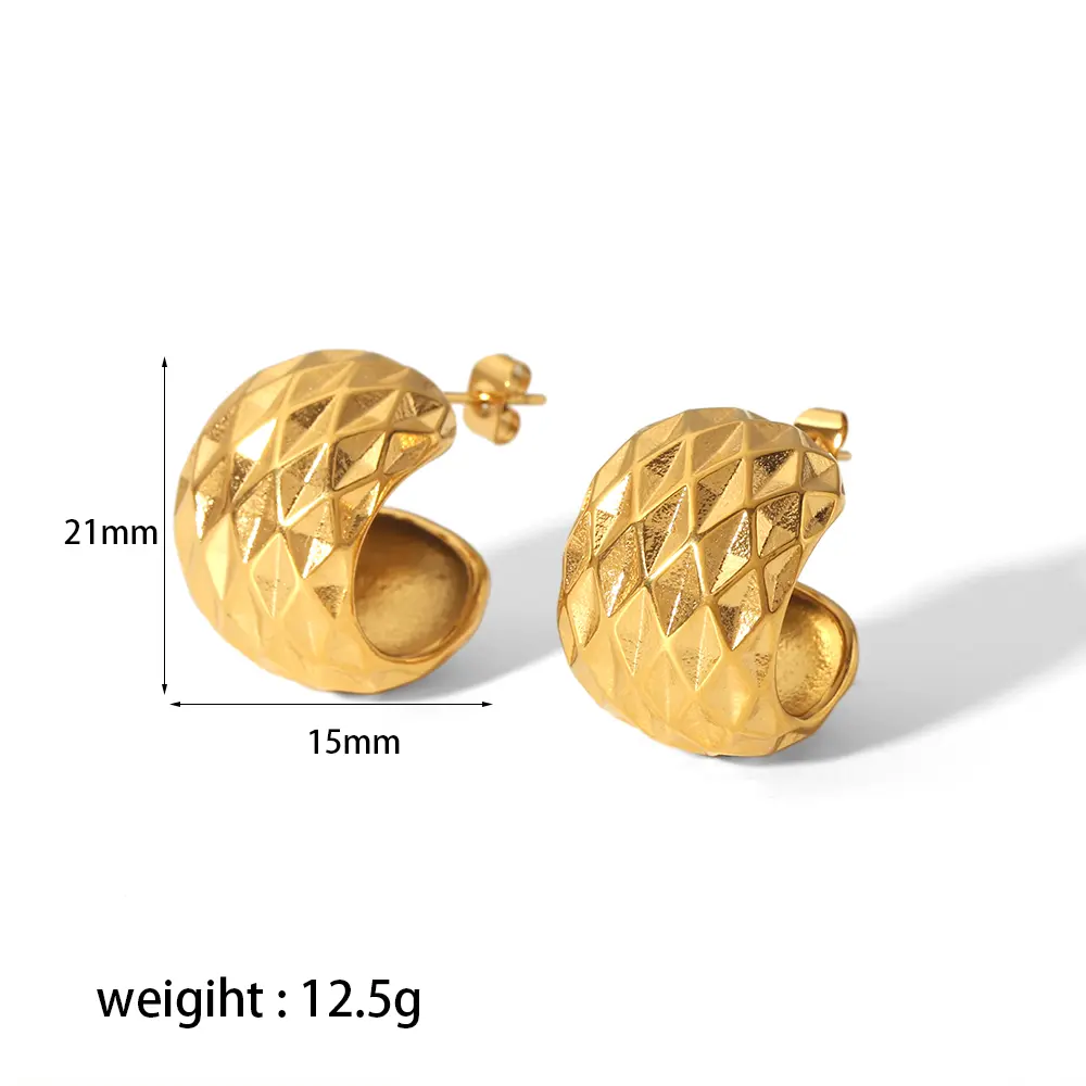 1 par de pendientes de botón de acero inoxidable chapados en oro de 18 quilates con textura de rombo en forma de C de estilo minimalista clásico para mujer h5 Imagen2